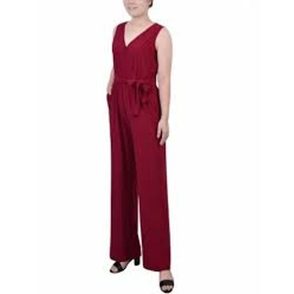 NY Collection Womens Red Sleeveless Belted Jumpsuit Size Petite Extra‎ Small - Picture 1 of 7